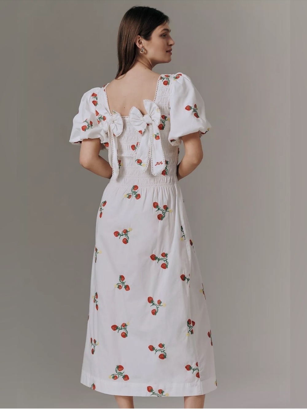 Damson Madder Lauren strawberry embroidered puff sleeve midi dress white US 6 - Picture 3 of 3